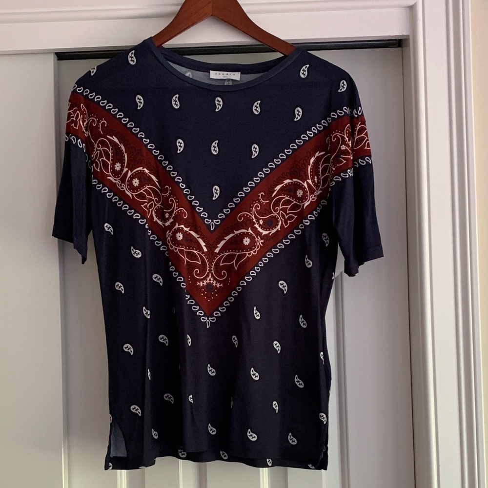 Sandro Navy and Red Paisley Short Sleeve Top